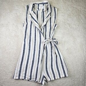 Love Tree Striped Sleeveless Linen Romper Women's Small Blue‎ Beige White Casual